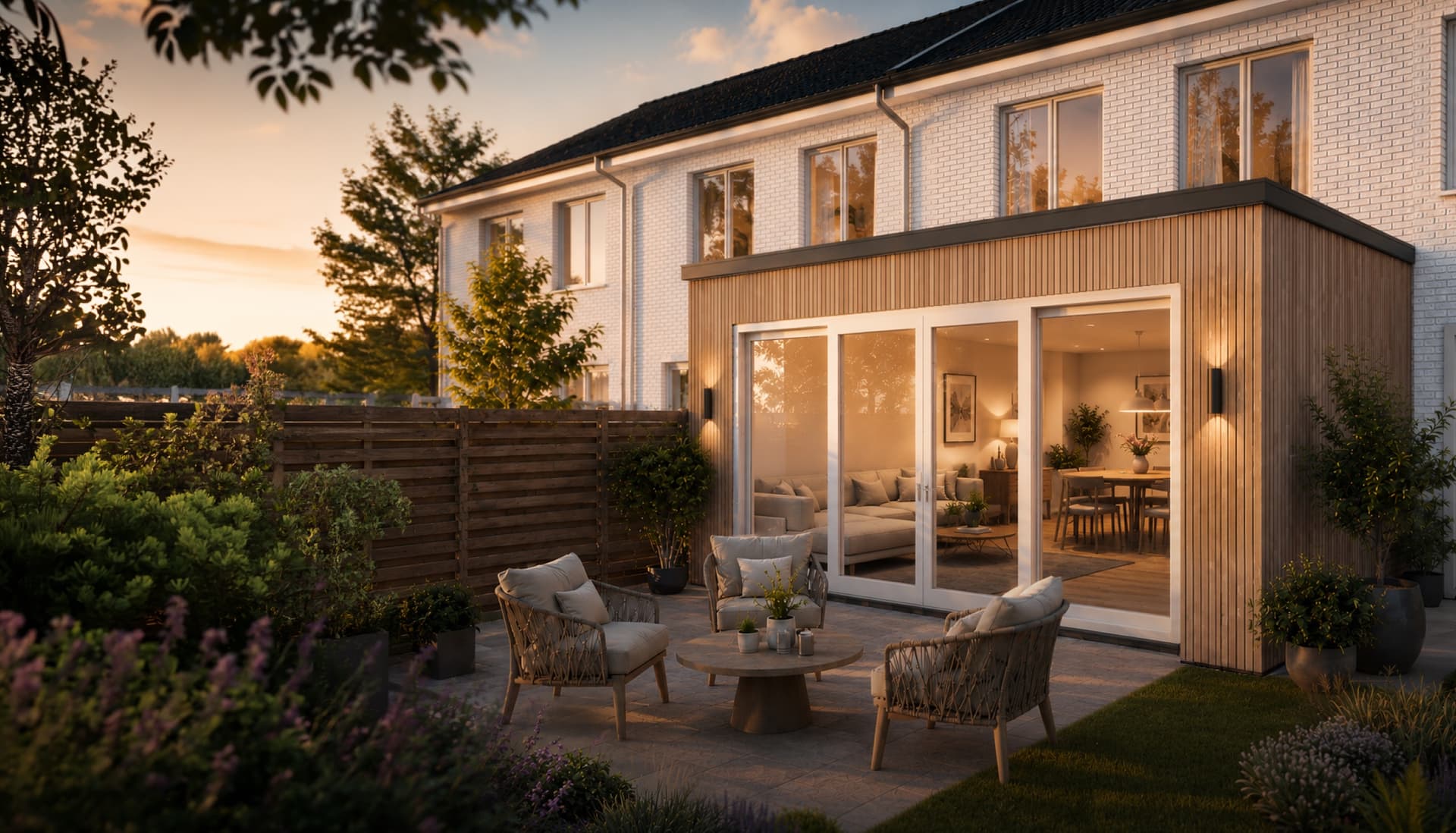 A finished prefab extension seen from the garden